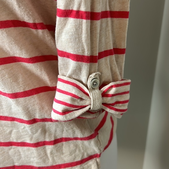 JCPENNEY Stripes Tee Three Quarter Button Sleeve Cream Red Size Large - Picture 3 of 4